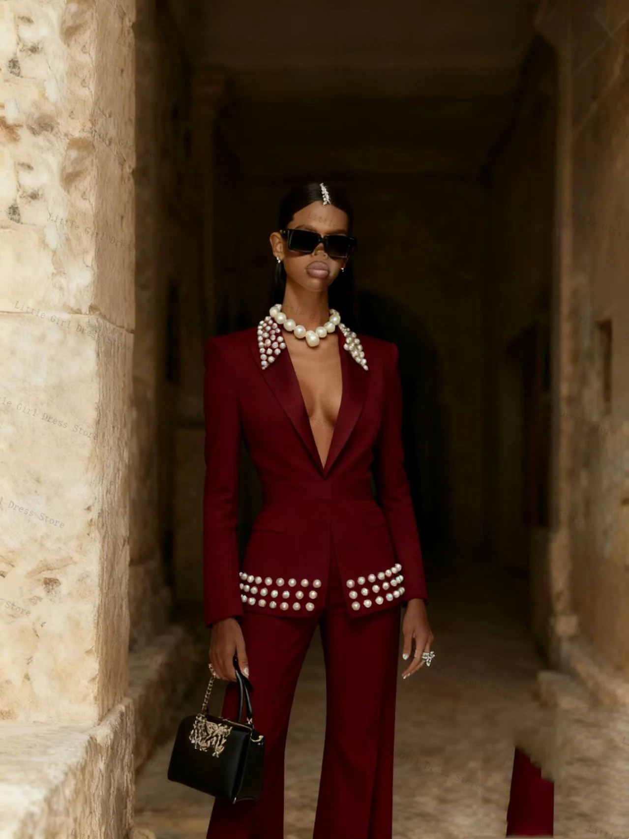 

Burgundy Pearls Women Suit Set 2 Pcs Blazer Pants Trouser Formal Office Lady Business Jacket Prom Wedding Bride Coat Customized