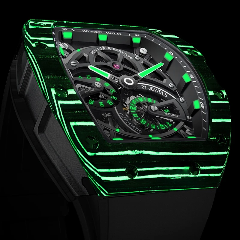 BONEST GATTI Men Automatic Watch Mechanical Carbon Fiber Bezel Tonneau Luminous Case Fluororubber Strap S​mall Second Dial