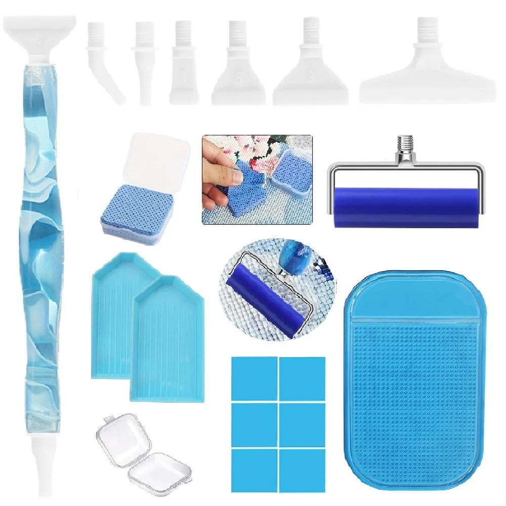 DIY diamond painting tool set, includes threaded interface elbow/1/3/6/9 scraper replacement heads, 50 cleaning cloths, with roller, storage tray, and silicone pad, suitable for adult 5D diamond painting tool accessori view 3