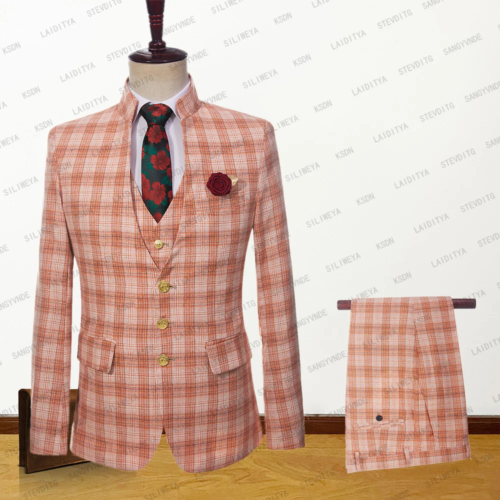 

2023 Men Suits 2 Pcs Set Jacket Pants New Fashion Stand Collar Business Wedding Linen Tangerine Striped Grid High Quality Slim