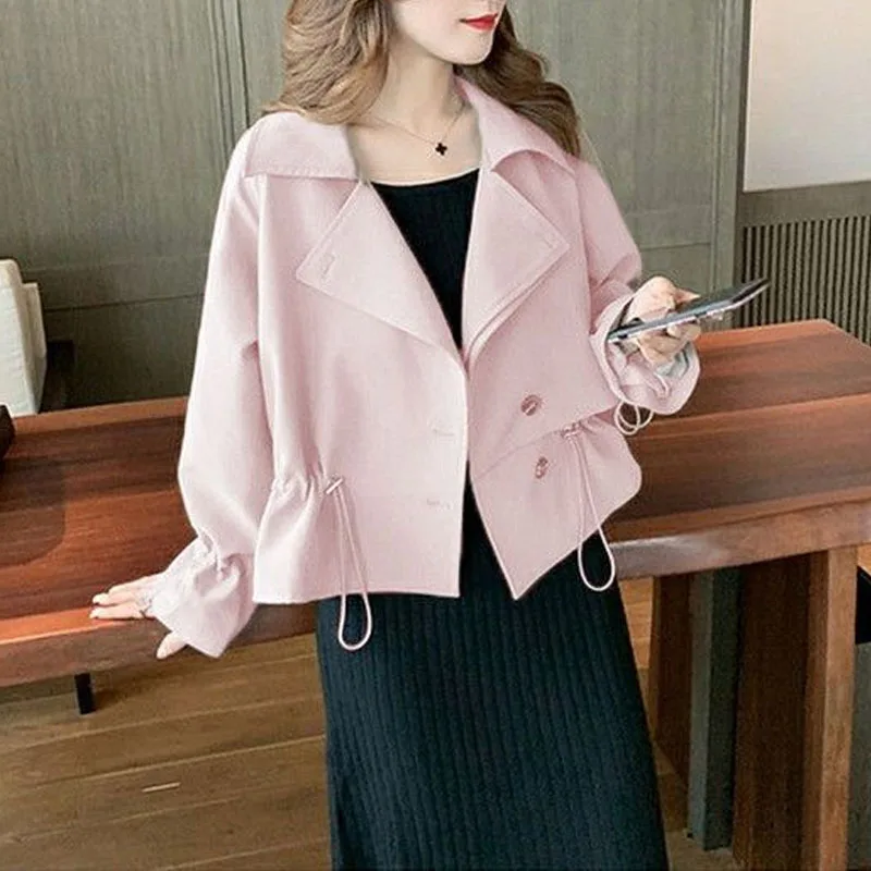 Autumn Fashion Korean Edition Drawstring Flip Neck Solid Color Short Small Windbreaker Loose and Versatile Western Style Coat