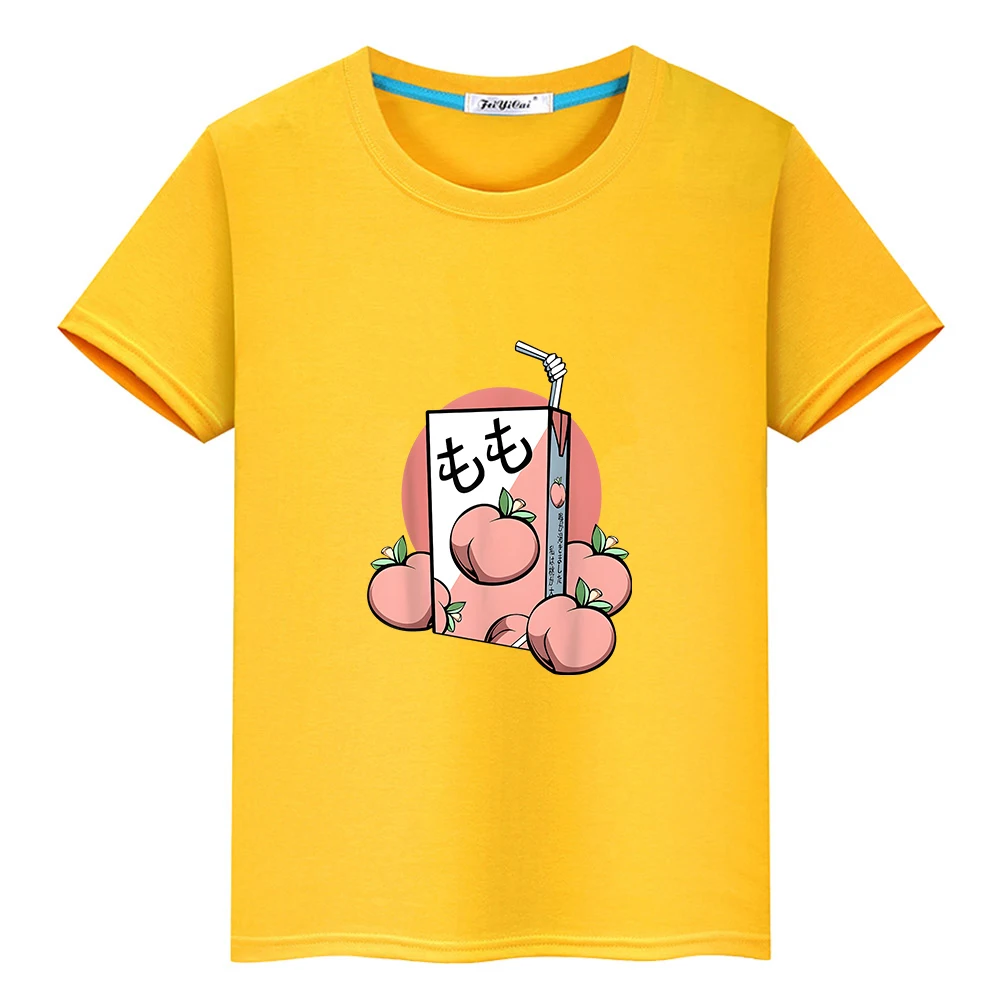 Peach Juice Cute Cartoon T-shirt 100% Cotton Casual Short Sleeve Tee-shirt Kawaii Graphic Printing Kids Shirt Boys and Girls Tee