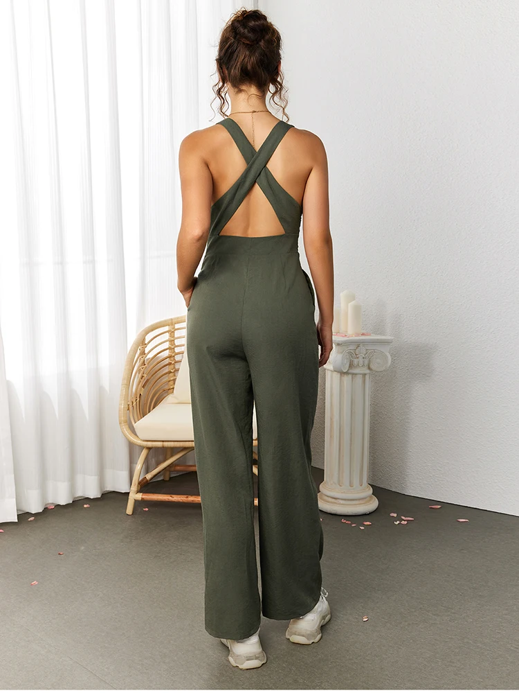 NewAsia Green Backless Jumpsuit Women Sleeveless Deep V Neck Cross-Back Wide Leg Linen Jumpsuit for Summer Beach Casual 2026