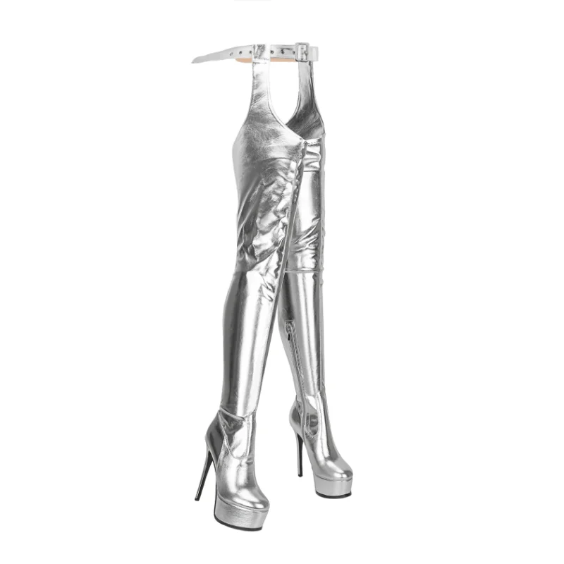 

2023 Racing Party Silver Super High Heels Sexy Over Knee Boots Belt Jumpsuit Boots 35-45 Night Club T-stage Performance Boots