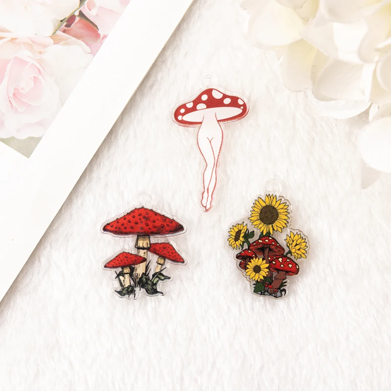 6Pcs Goth Mushroom Charms Sunflower Mushroom Girl  For Earring Keychain Pendant Necklace Diy Making