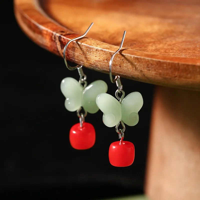 Silver Pin Earrings Song Dynasty National Style Elegant Fairy Butterfly Hetian Jade Antique Earrings Jewelry for Women Vintage