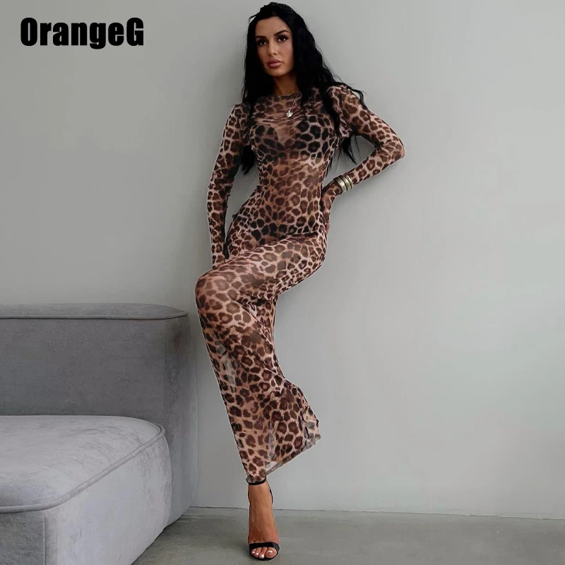 OrangeG Leopard See-Through Long Pencil Dress Women Crew Neck Stretchy Full Sleeve Elegant Perspective Clothes New Arrivals