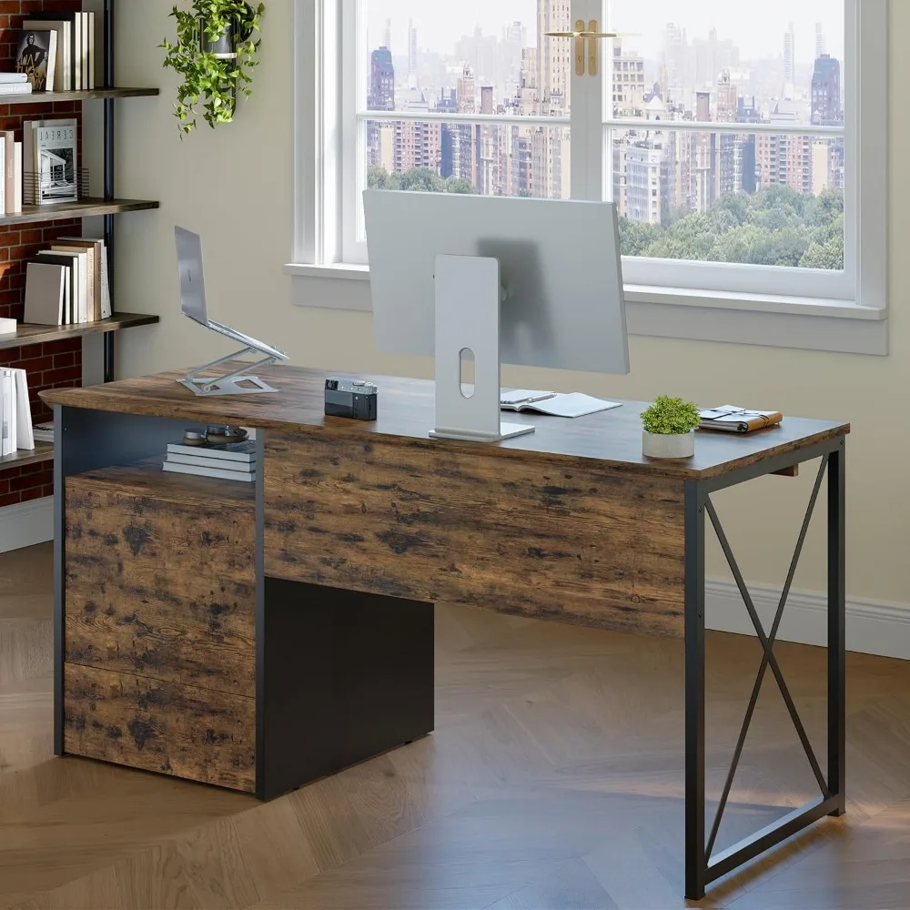 Meja Komputer Kayu Gaya Industrial 55 dengan Laci Penyimpanan, Baki Keyboard, dan Lemari Arsip