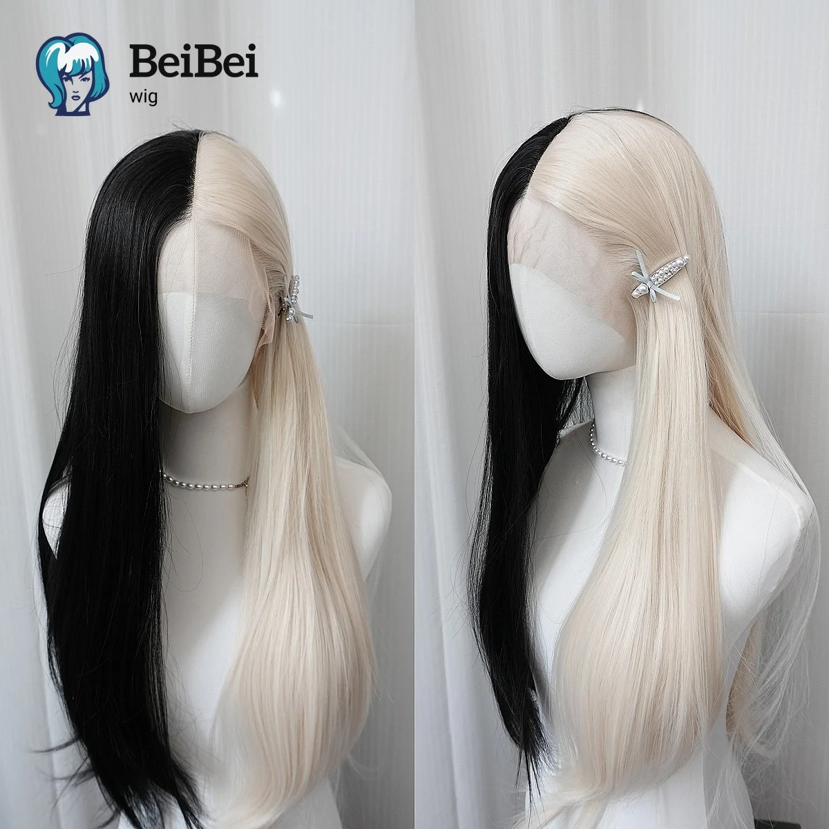 E-Girl Synthetic Lace Wig Black and Platinum Split Wigs Cyberpunk Glueless Gothic Lolita Wigs Long Straight Wig for Cosplay