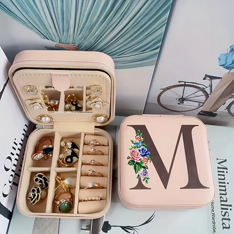 Kotak perhiasan cetakan huruf modis dengan cermin, kotak penyimpanan kalung anting sempurna, Organizer perhiasan Multi kisi PU