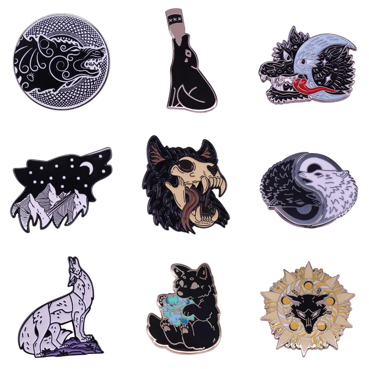 Alfileres de esmalte duro Lobo perro solapa sombrero Pin naturaleza animales salvajes Yin Yang insignia negro gótico broche joyería regalo para niños al por mayor