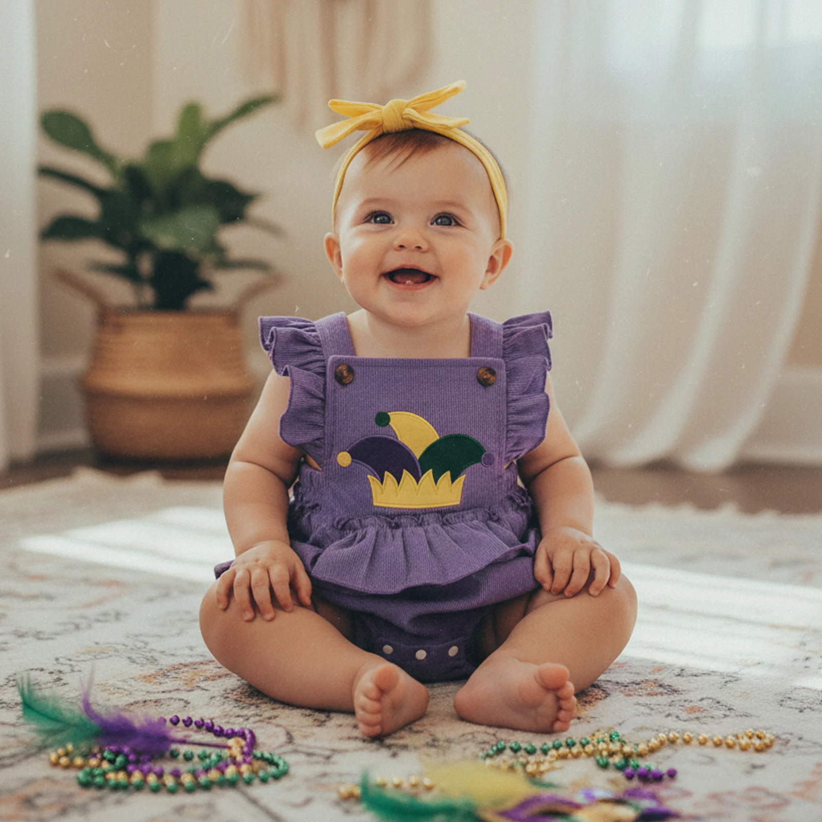 

Summer Infant Baby Girls Bodysuit Flying Sleeve Embroidery Tiered Ruffle Overalls Headband Purple Clothes