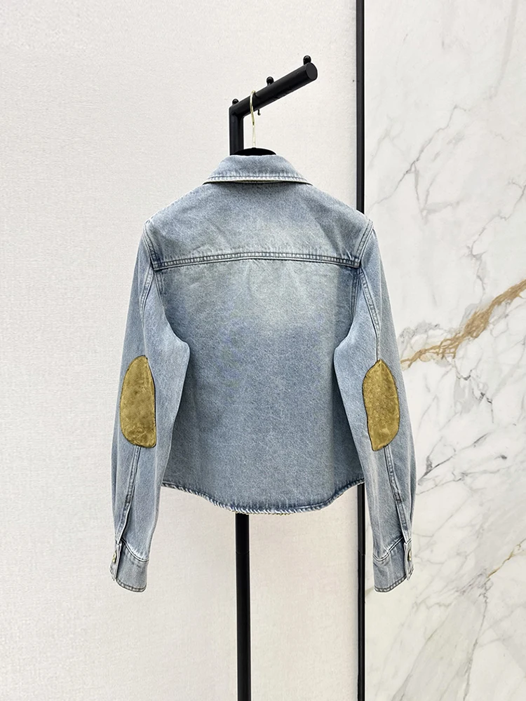 Spring Summer Fashion Daily Casual Light Blue Cowboy Jacket Women's Turn-down Collar Suede Patchwork Pockets Short Style Jacket