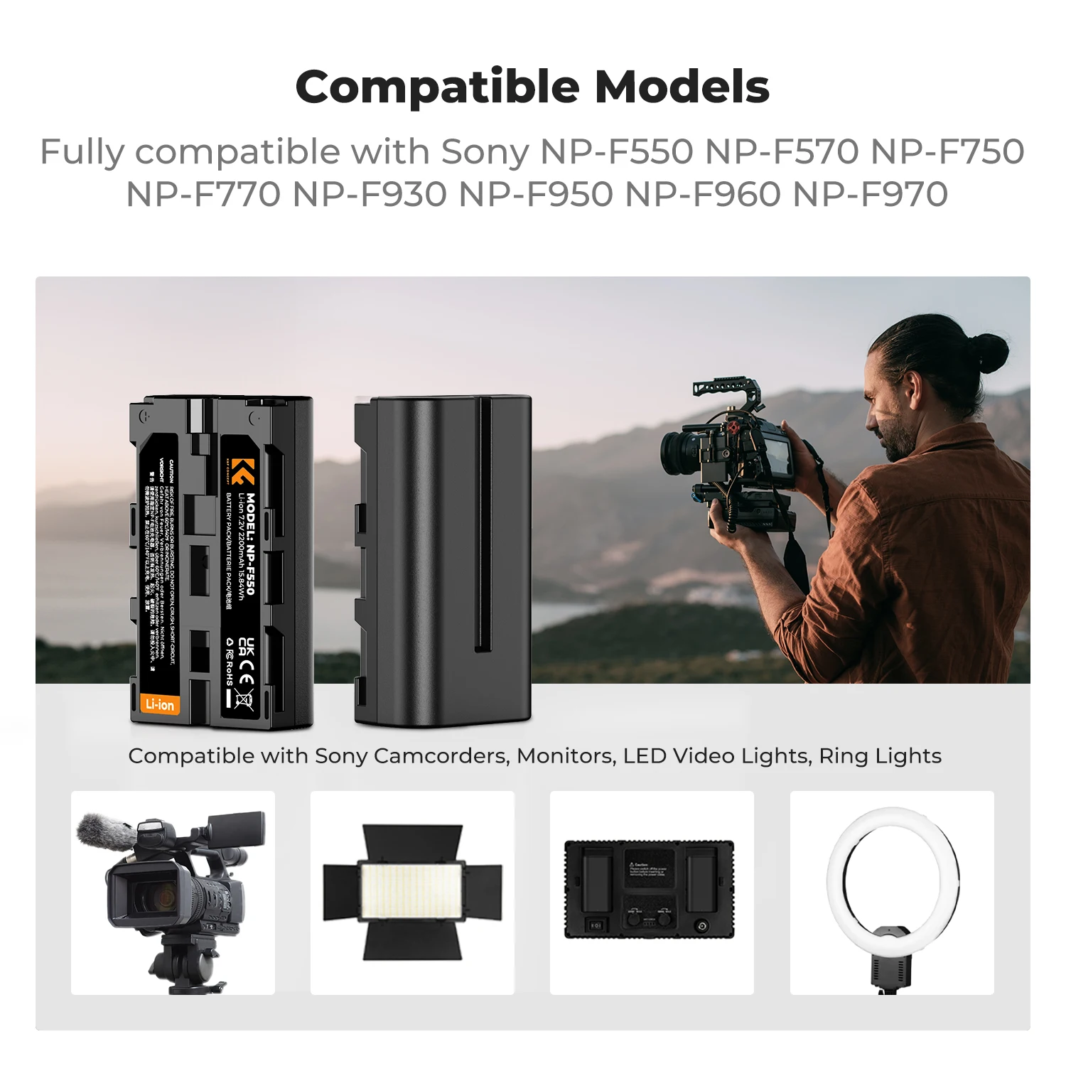 K & F مفهوم 2 حزمة NP-F550 بطارية الكاميرا ومجموعة شاحن لسوني NP-F550 F570 F750 F770 F930 F950 F960 F970 بطارية مصباح ليد #4