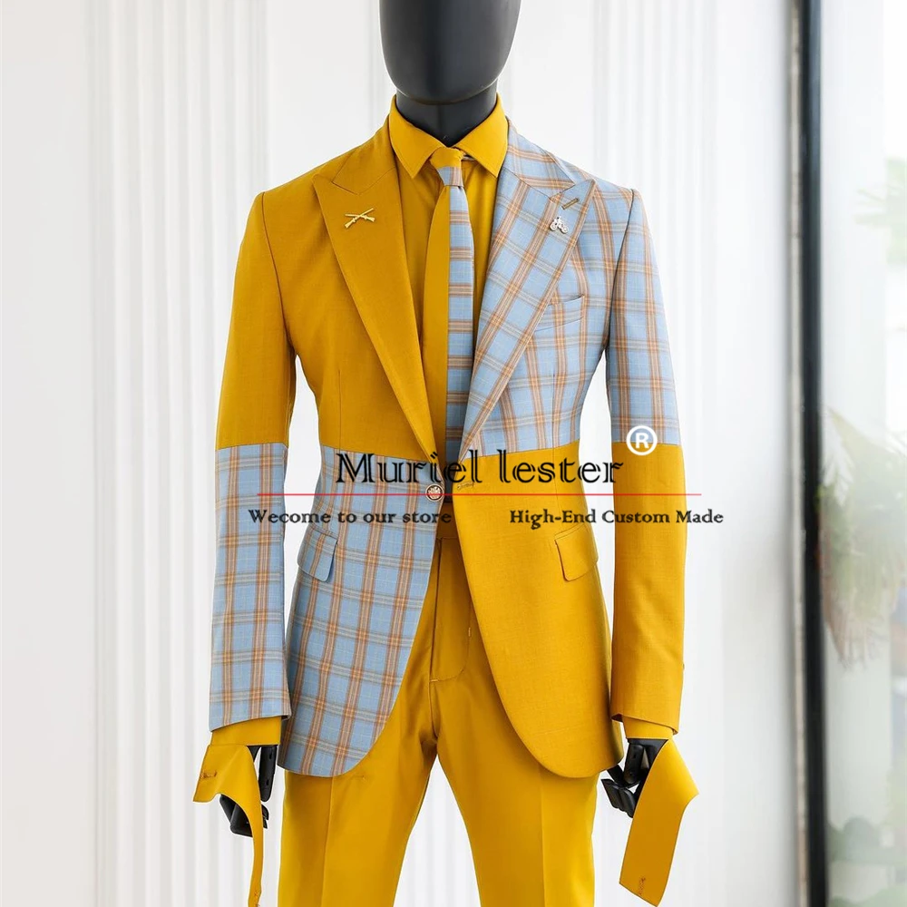 Yellow Suits Men For Wedding Plaid Check Spliced Jacket Pants 2 Pieces Bridegroom Tuxedos Banquet Boyfriend Birthday Prom Blazer