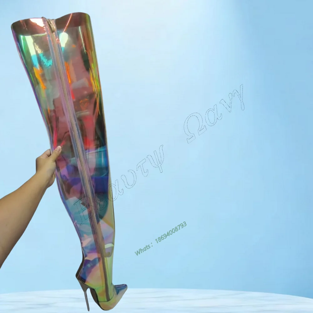 

Chentel Laser Leather Metal Heel Boots Thigh High Over The Knee Thin Spike High Heel Shoes Women Shoes New Zapatos Para Mujere