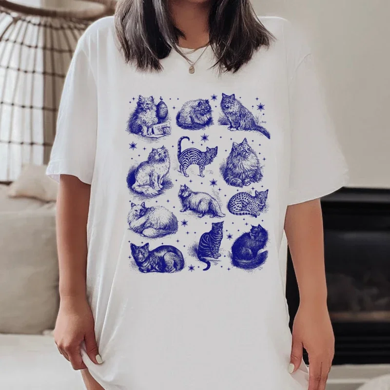 Short Sleeves Pure Cotton  Tops Streewear Cat Star Print Women's Mystic T-Shirts Cute Cottagecore Aesthetic Tee Vintage Graphic