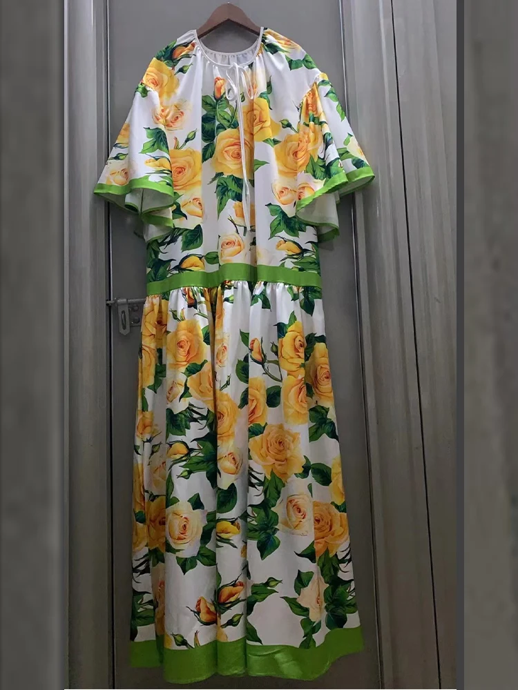 Retro 2024 summer women\'s new printed V-neck lotus leaf short sleeve loose dress elegant holiday style big swing straight dress