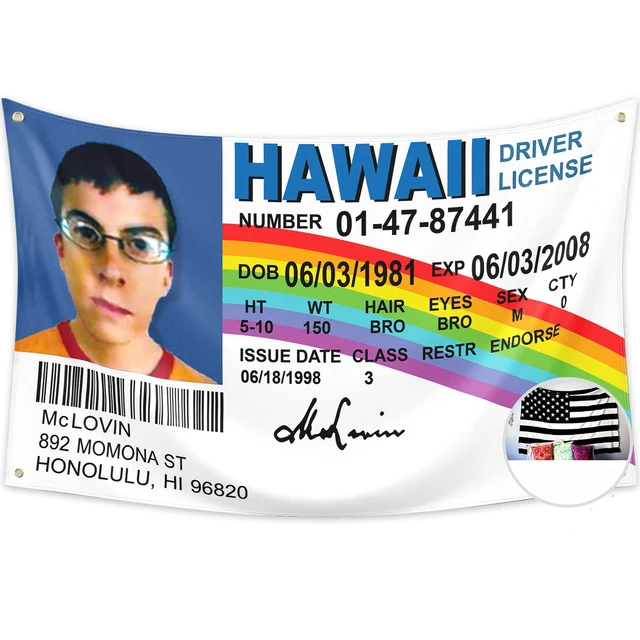 McLovin ID Flag Fake Driver License Flag 3x5 Banner Funny Poster Durable Decorations Wall Flag with 4G for College Dorm Dec.
