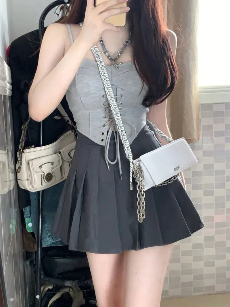 Spicy Girl Fashion Sling Vest Pleated Skirt Two-piece Set Women Lace Up Collarbone Sleeveless College Sweet Slim Summer Suit New