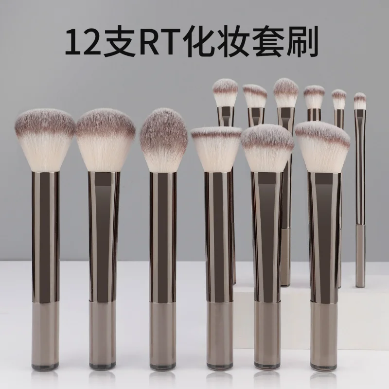 Juego de brochas de maquillaje con mango largo de tres colores, 12RTT, brocha para polvos sueltos, brocha para colorete, brocha para sombra de ojos, brocha correctora