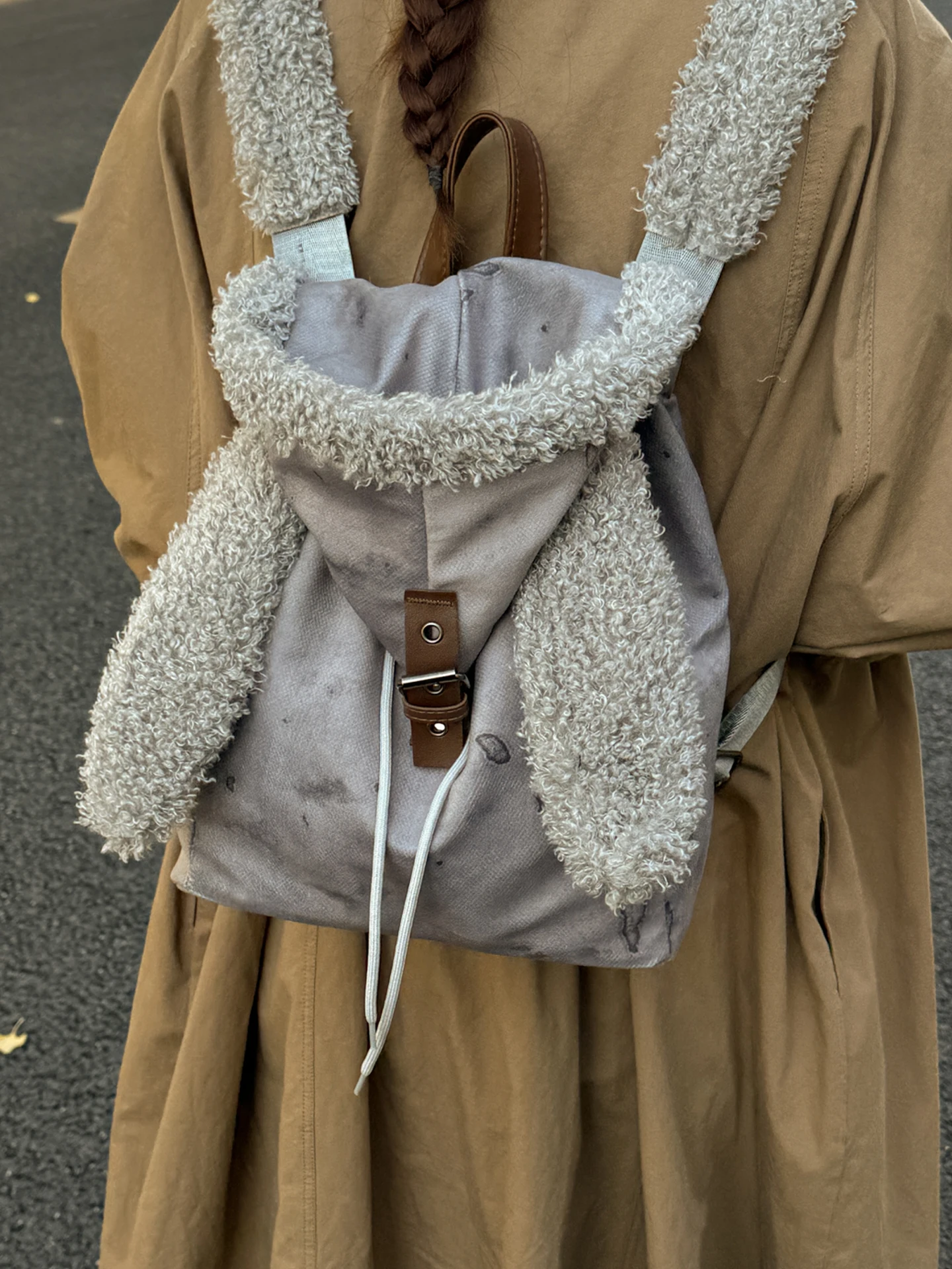 

Cute Plush Rabbit Ear Backpack Large Capacity Fashionable Versatile Women's Bag Casual Simple Style Soft Handle Daily Use