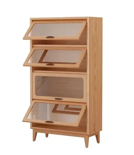 Solid Wood Book Case 4Tier Bookshelves with Tempered Glass Flip-Up Doors Brown Finish Adjustable laminate, Bookshelf