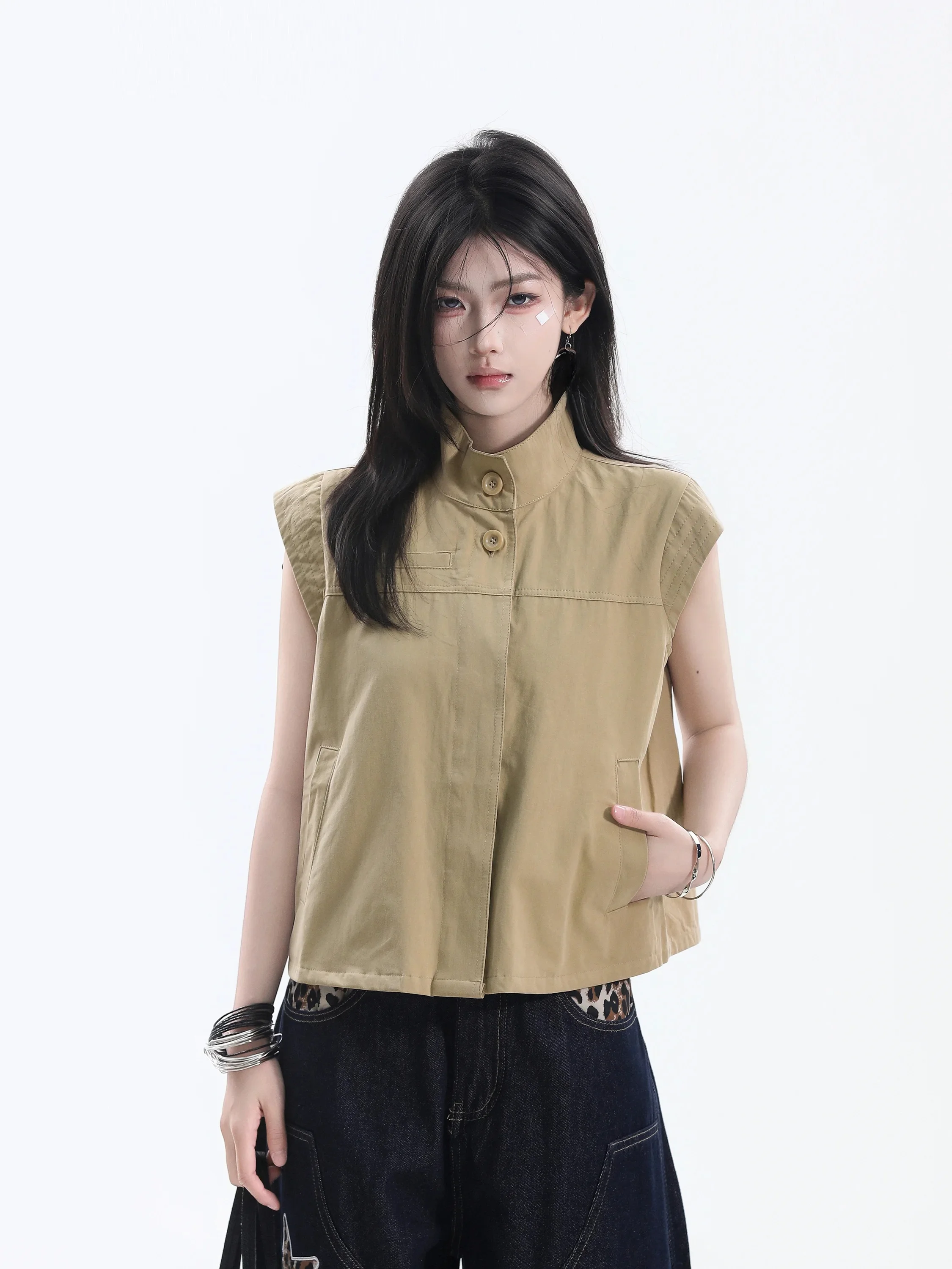 Loose Short Sleeveless Ins Style Women's Vest Cotton Stand Collar Workwear Jacket Summer Fashion Ladies' Top Small Ball Ball
