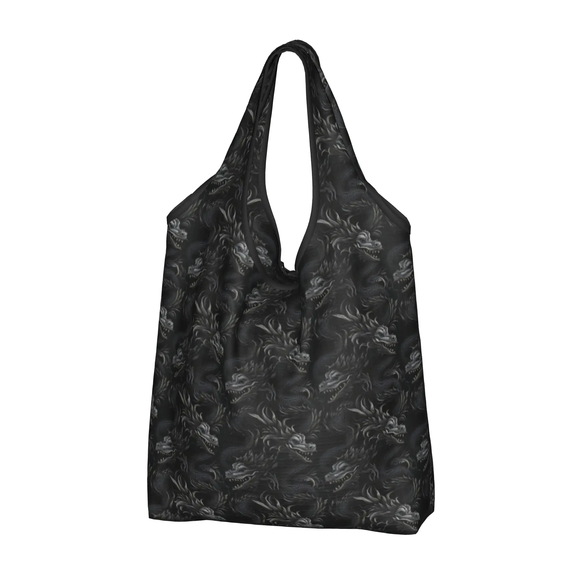 Funny Printing Black And Silver Dragon Tote Shopping Bag Portable Shoulder Shopper  Handbag