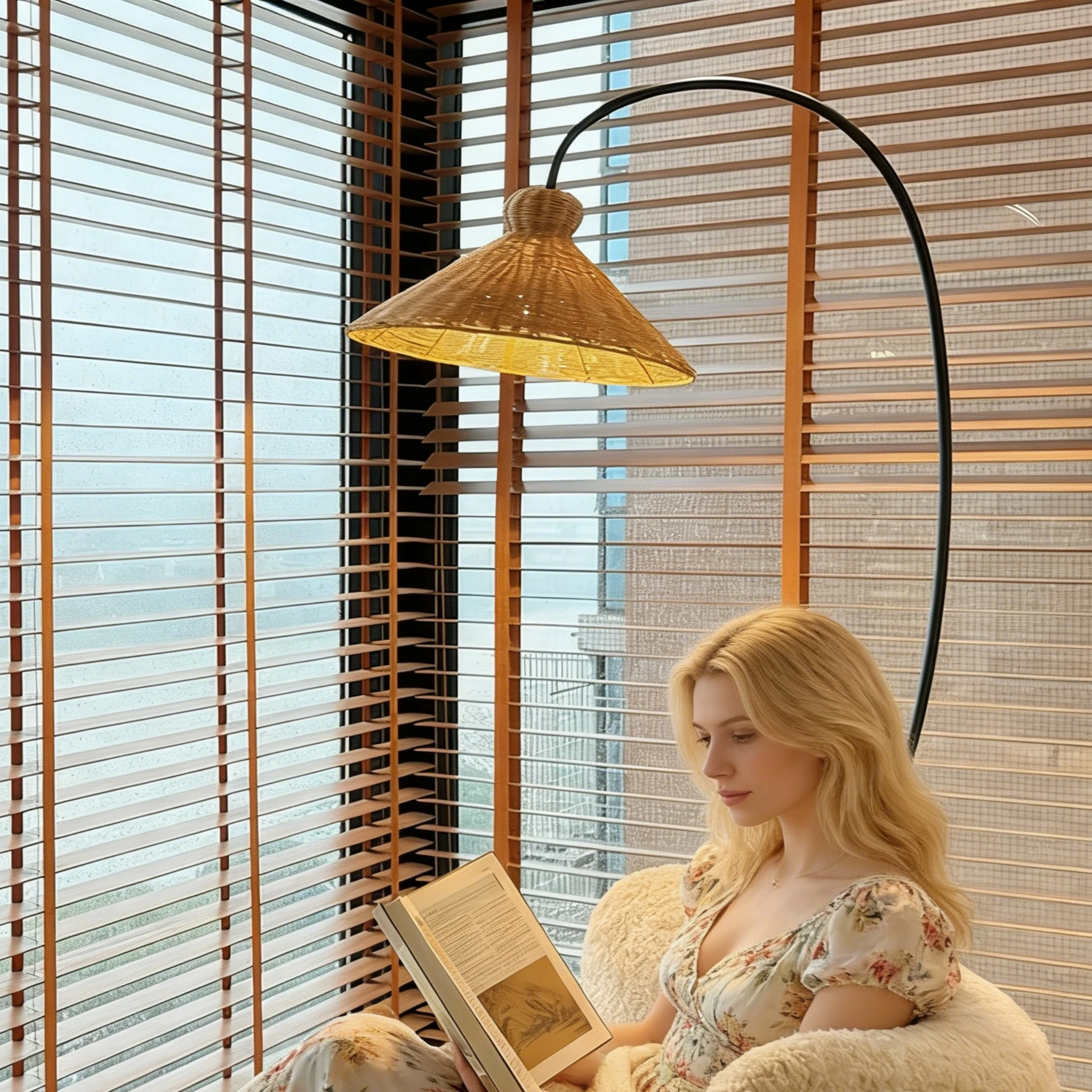 Rattan Floor Lamp, Living Room Sofa, French Home Decoration, Vintage Style, Fishing Lamp, Standing Floor Lamp for Dining Room