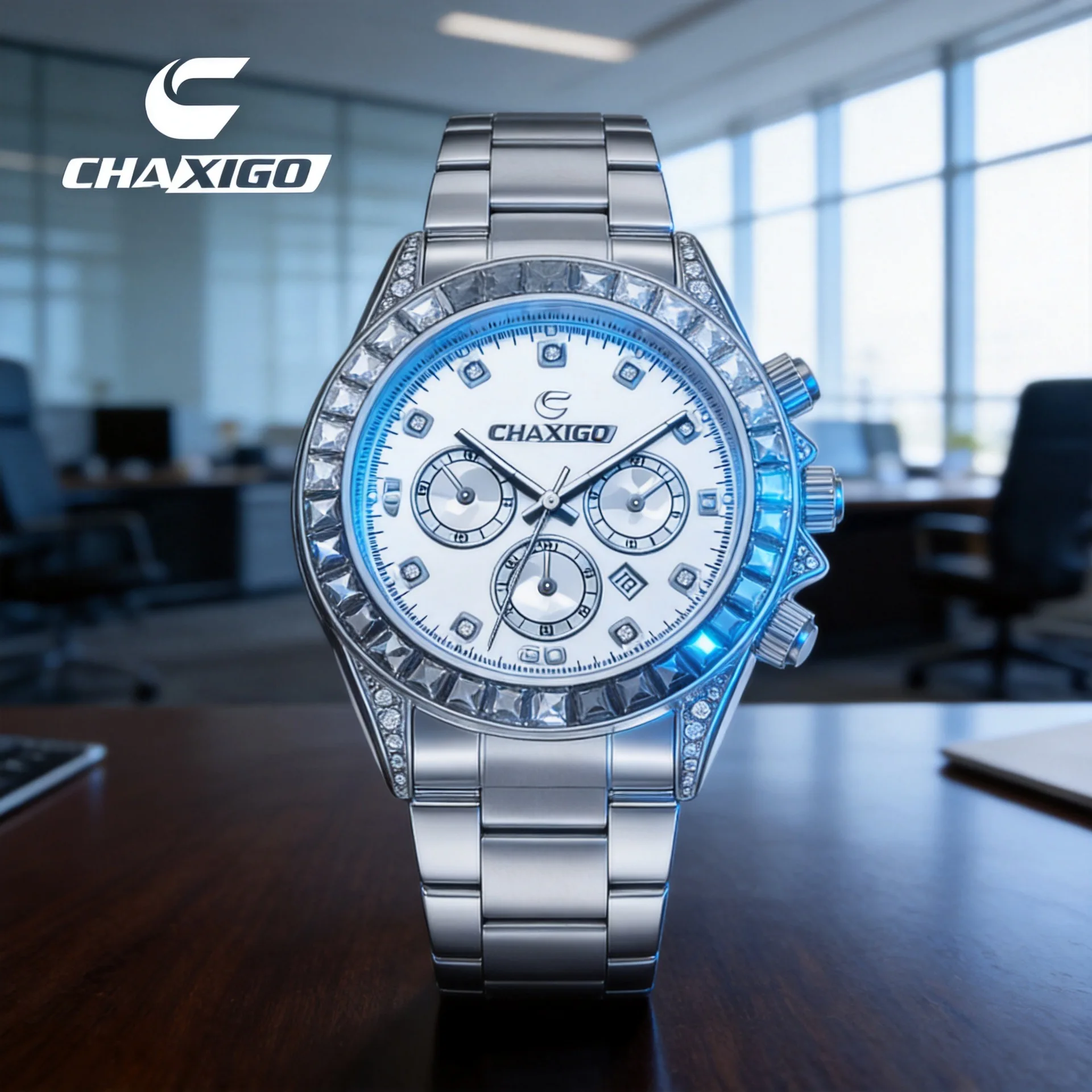CHAXIGO Diamond-encrusted Multifunctional Men's Quartz Watch Business Timing Steel Belt Light Luxury Luminous Waterproof