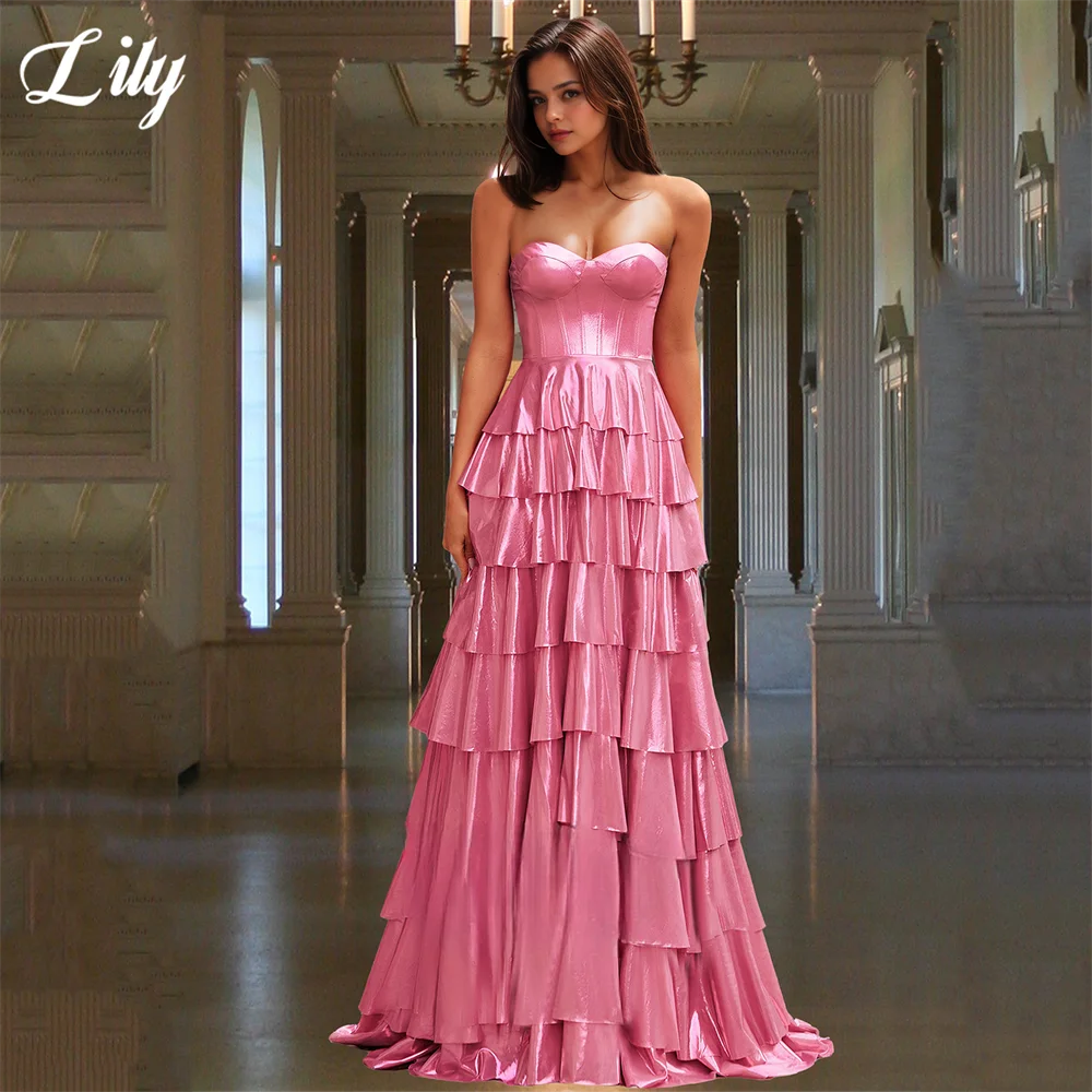 

Lily Pink Sleeveless Prom Dresses Strapless Layered Ruffles Formal Prom Gown Voluminous Floor-Length Party Dresses Customized