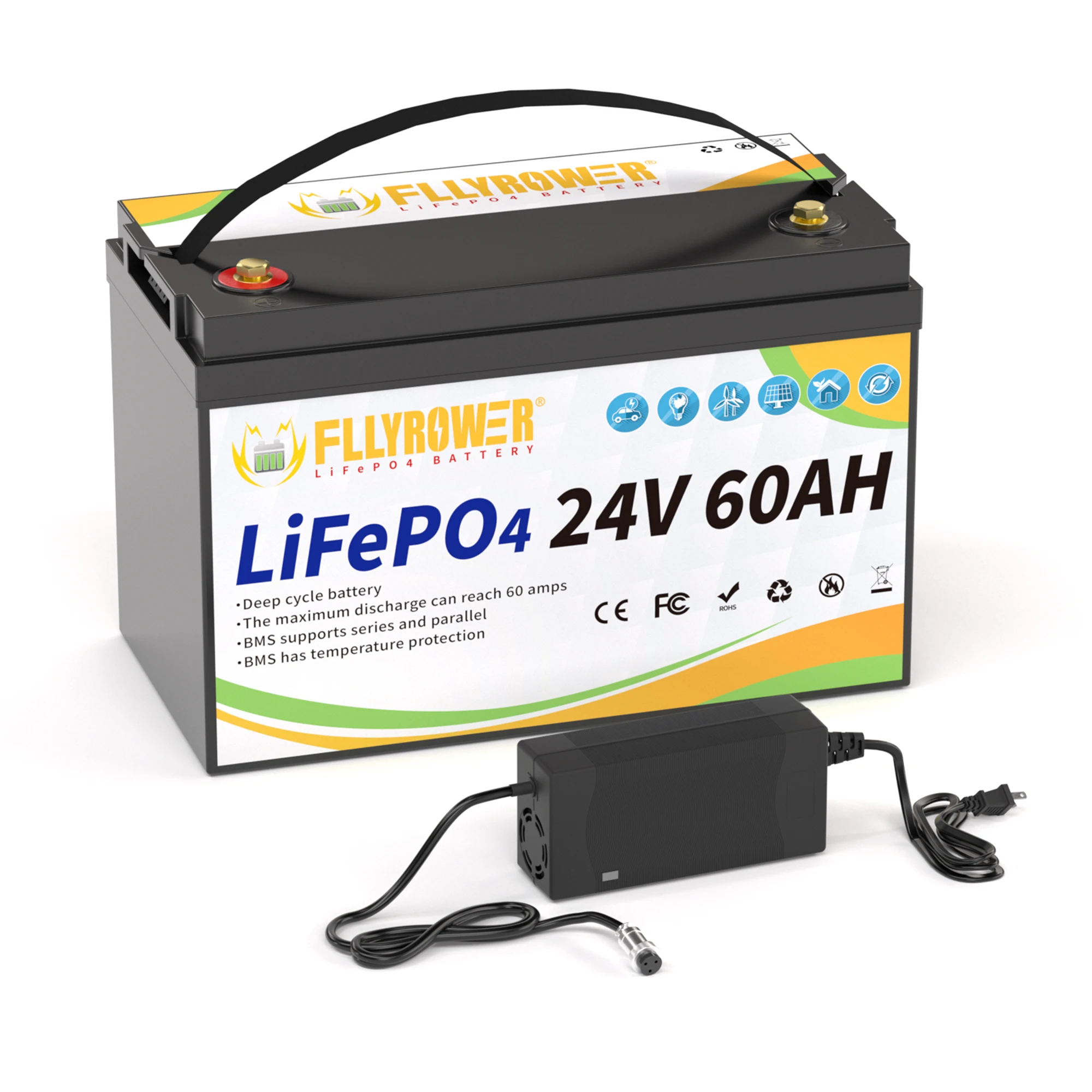 بطارية Fllyrower 24 فولت 100 أمبير Lifepo4 بطارية 25.6 فولت 60 أمبير في الساعة بطارية ليثيوم أيون بطارية ليثيوم تعمل بالطاقة الشمسية بقدرة 2560 وات في الساعة في CA/US/DE/JP