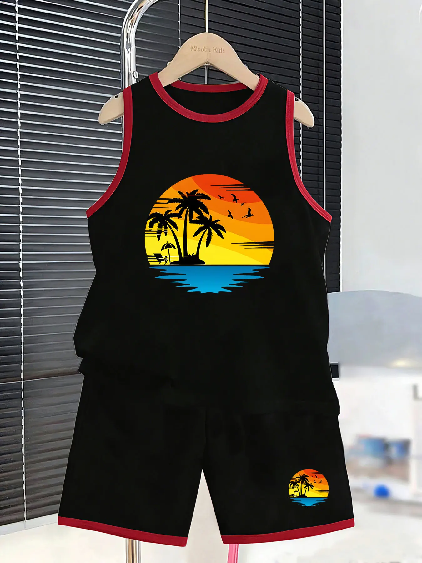 Boys' Island Sunset-Themed Tank Top and Shorts Set, creating a vacation-style summer outfit. Made with skin-friendly and breatha