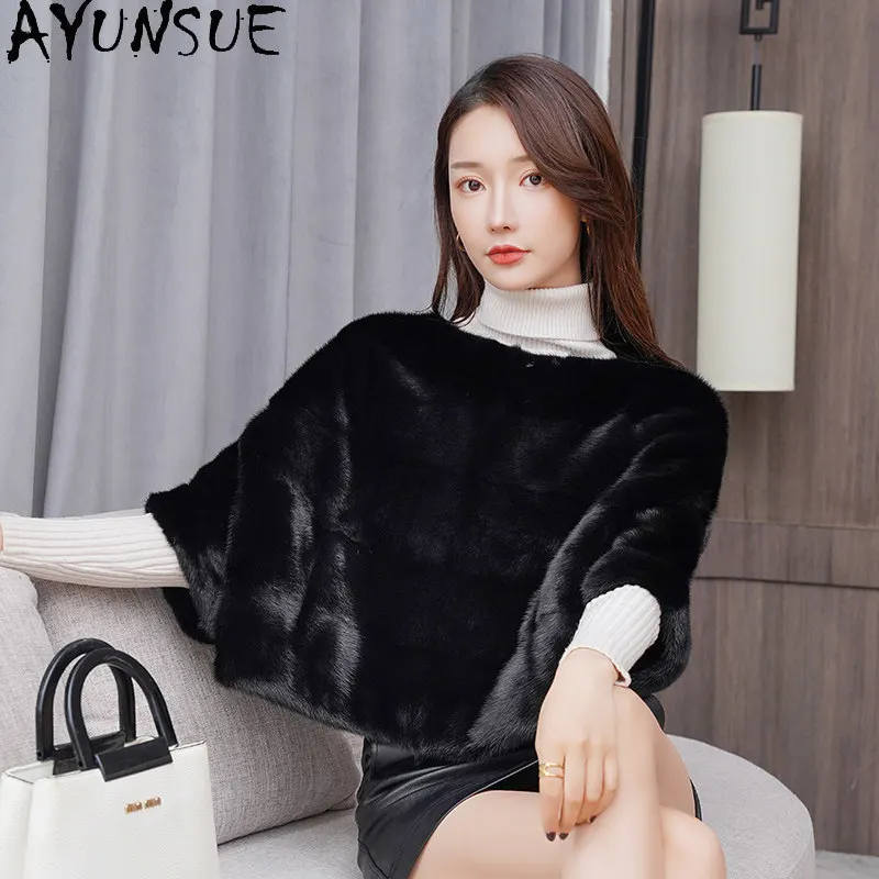 معاطف فرو المنك الطبيعي من AYUNSUE للنساء، ملابس فاخرة قصيرة للشتاء، معطف فرو أسود على الطراز الكوري، ملابس نسائية