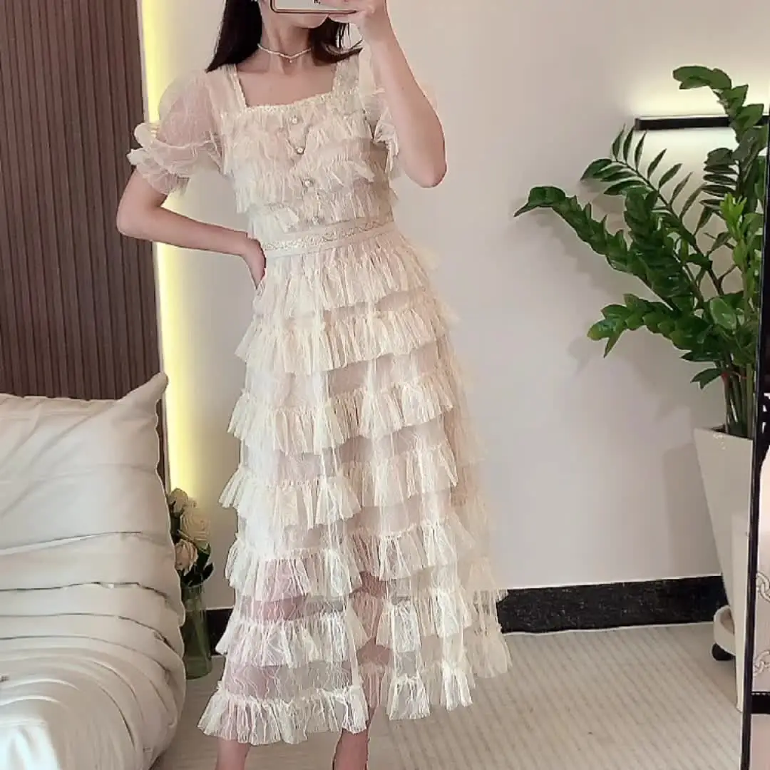 Luxury High Quality Women Summer Sweet Lace Long Dress Female Patchwork Mesh Beading Button Party Vestidos G326