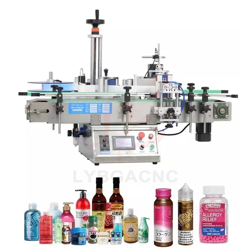 Automatic Round Bottle Labeling Wrapping Machine, Printable Mineral Self-adhesive Labels, PLC Touch Screen Control, 360W