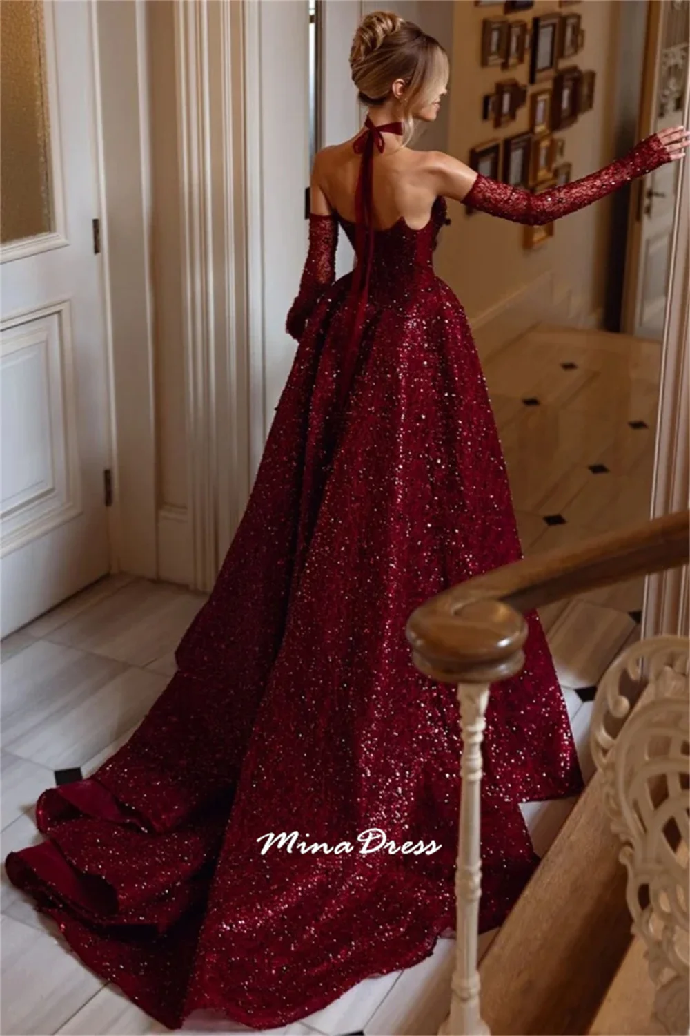 Mina Customized First Colored Dress for Wedding Guests Back-length Dress With Corset Sequins High Slit Long Dresses Evening Gown image 3