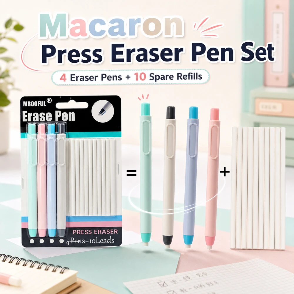 Press Eraser Pen Set Creative Pen Shape Press Type Pencil Eraser with Replaceable Core Sketching Painting Writing Erase Supplies view 2