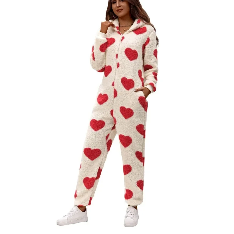 2024 New Cross-border European and American Women's Clothing Amazon Autumn and Winter Plush Love Print Christmas Hooded Jumpsuit