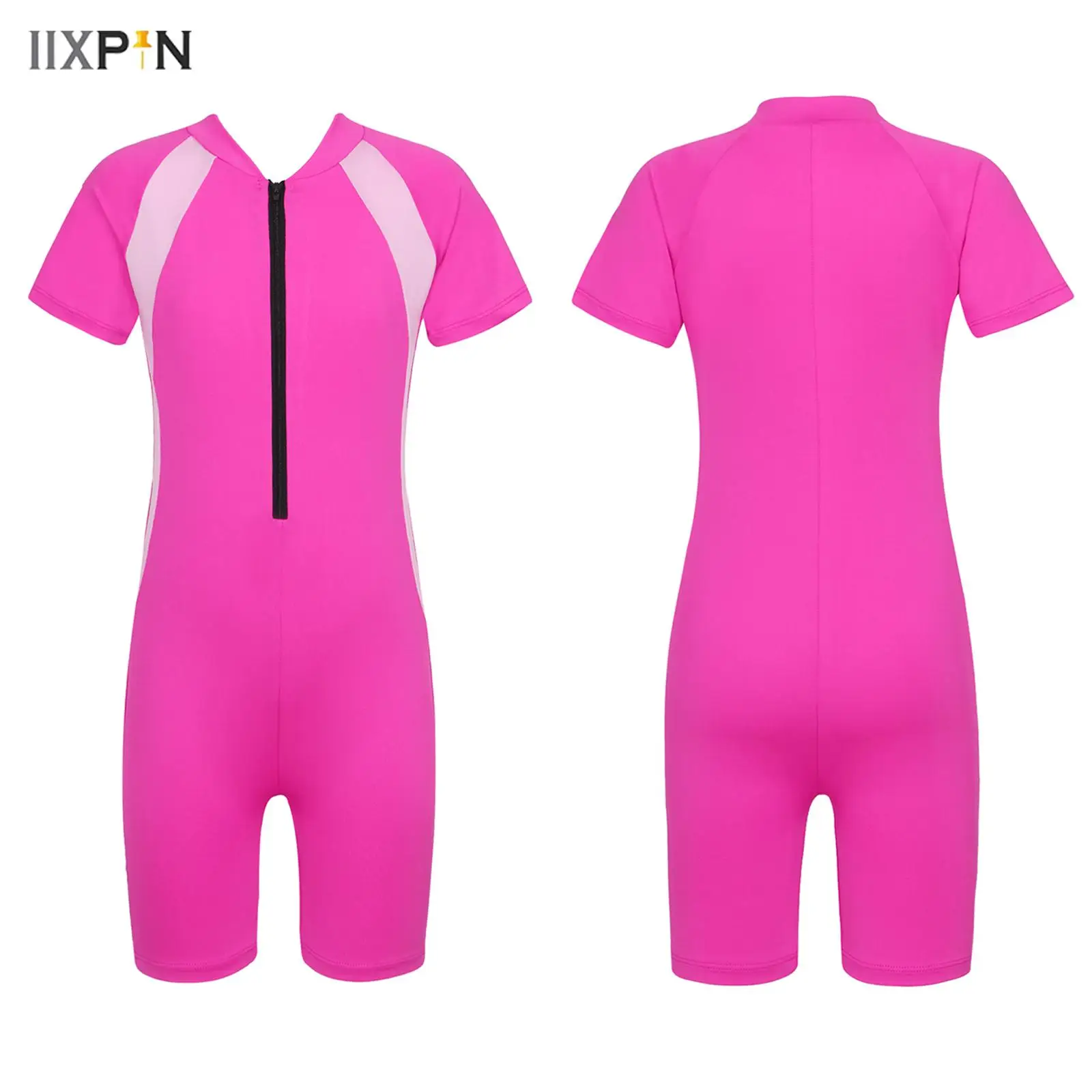 

Kids Girls Boys One-piece Swimsuit Summer Rash Guards Suits Short Sleeves Zippered Surfing Shorty Wetsuit Swimwear Bathing Suit