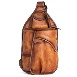 Genuine Leather Sling Backpack Men Chest Cross body Bag Travel Retro Real Cowhide Messenger Single Side Rucksack Knapsack