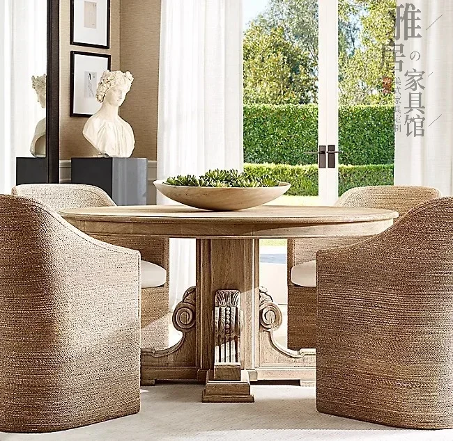 

American retro old solid wood round dining table French country dining table and chair combination