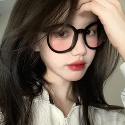Fashion women Men Decorative glasses round for ladies eyeglasses Black frame Fake powder Blusher Plain glasses no need Makeup