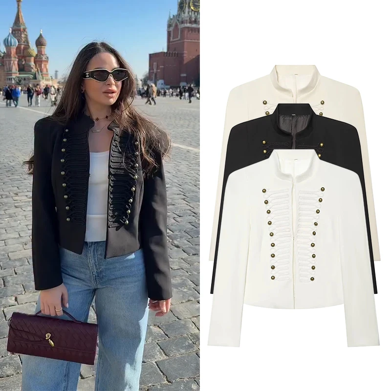 Women's Jackets Coats Fashion Button Decoration Cropped Jacket Women O-Neck Long Sleeve Slim Coats Female Outerwear Chic Tops