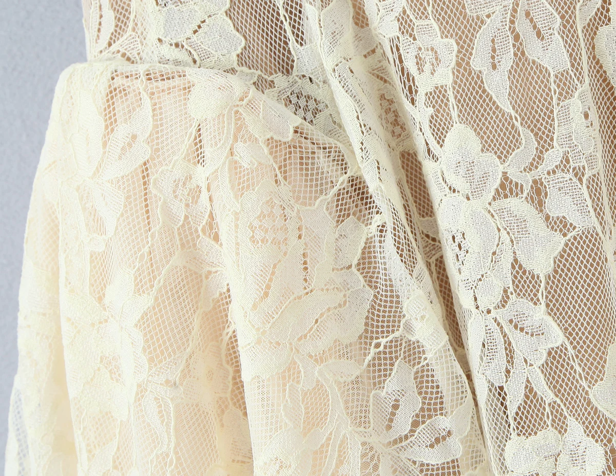 Sexy Beige Scava Fuori Maglia di Pizzo Sling Mini Abito da Donna Colletto a U Vita Bassa Increspato Altalena Abito di Sfera Abiti da Festa Abiti Robe