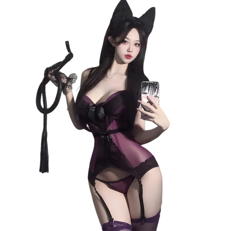 Conjunto de dos piezas: Top sin hombros con abertura y espalda descubierta, y mono morado con cintura de varillas de acero y malla de encaje, lencería sexy.