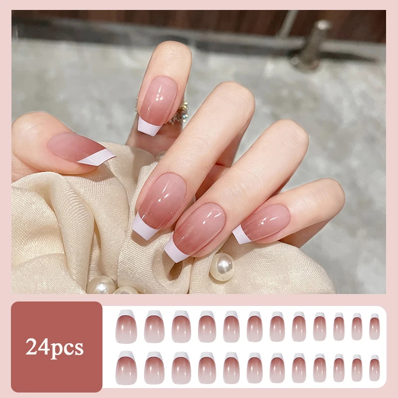 24pcs French White Edge Wearable Pink Powder Blusher Press On Fake Nails Tips False Nails Design Lovely Girl False Nails Art