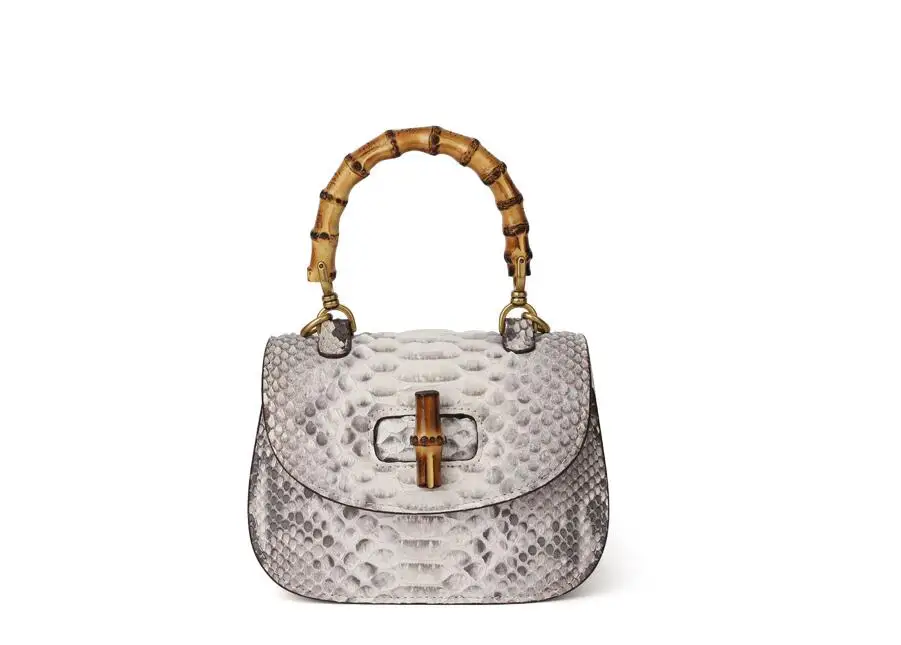 2023 new genuine snake skin leather lady women small size shoulder cross body bag with bamboo handle black beige white color