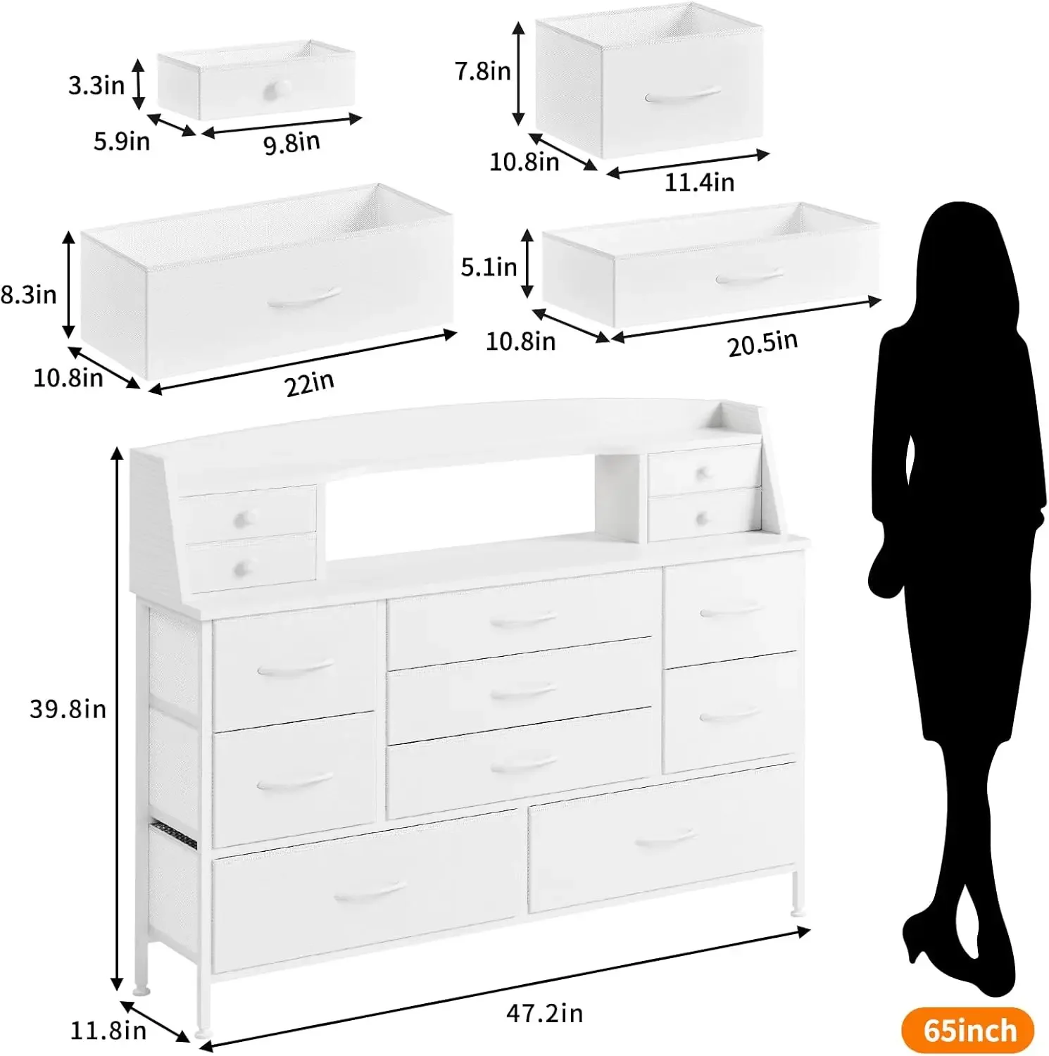 White Dresser for Bedroom with 13 Drawers, Fabric Chest of Drawers with PU Finish for Kids, Girls, Adults, Nursery, Living Room,